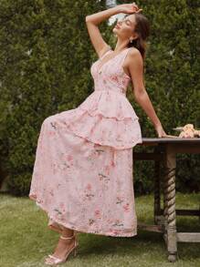 SHEIN Unity Elegant Pink Long Floral Print Halter Neck Ruffle Dress, Romantic For Banquets, Dates, Gatherings, Summer - Pink - View 2