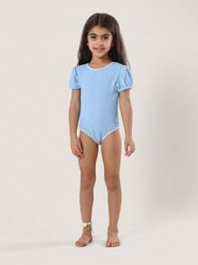 SUMWON Swimming Leotard With Puff Sleeves Retro Style High Coverage Swimsuit Textured Fabric Competition Dancewear Beach Training Practice - Dusty Blue - View 6