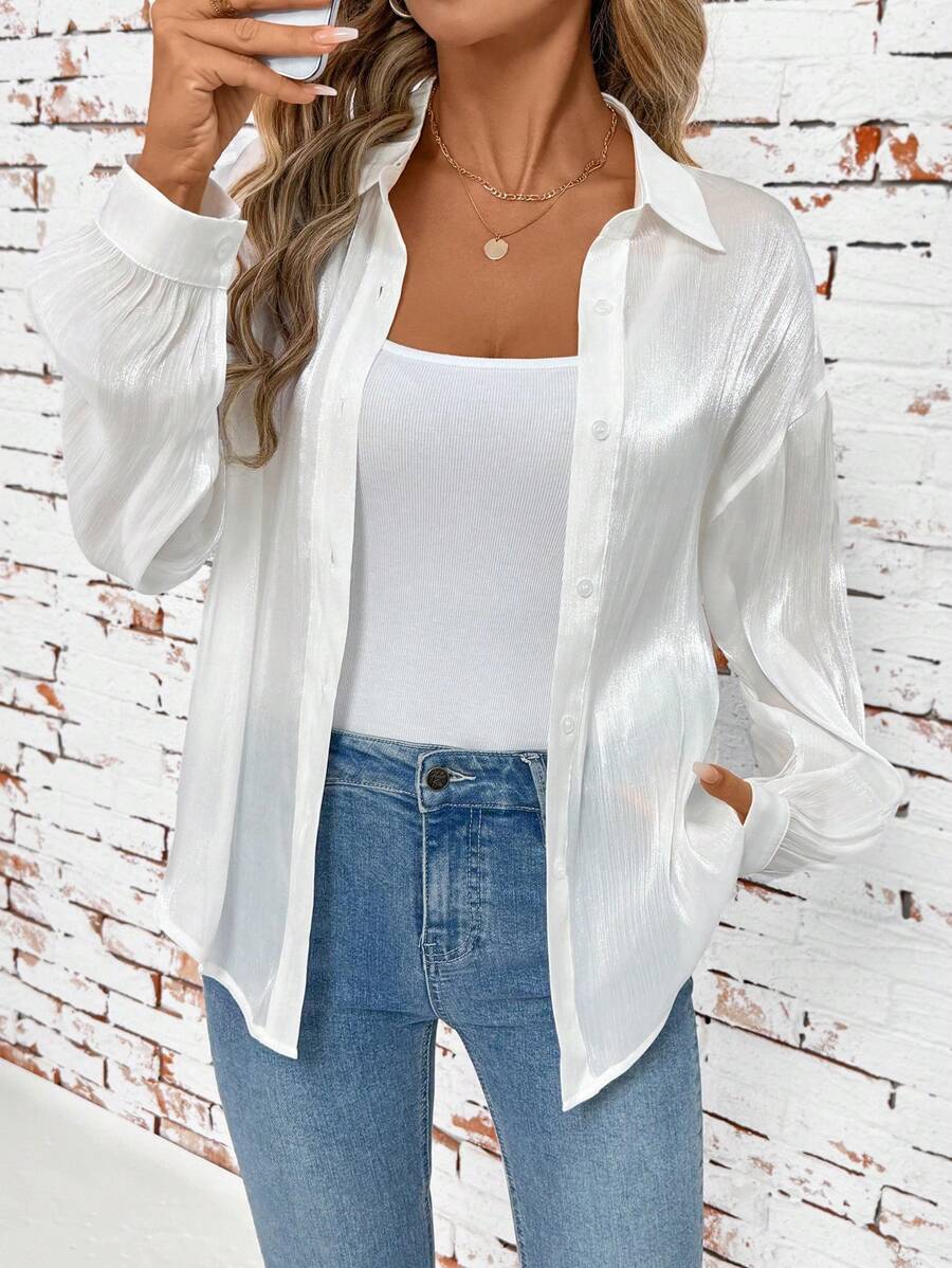 SHEIN Clasi 透明素色简约翻领衬衫、长袖上衣、亮缎衬衫 - 白色 - 查看 1