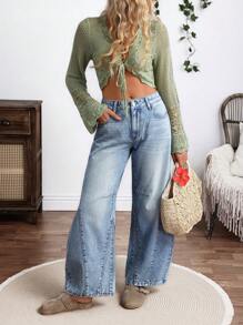 Breezaya Women's Pocket Loose Flared Casual Versatile Jeans - Blue - View 4