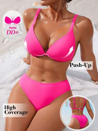 Swim DD+ Women's Solid Color Spaghetti Strap Bikini Set For Summer Beach Vacation