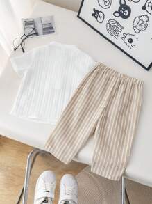 SHEIN 2pcs Babyboy Cute Casual College Style Grey Collared Shirt And Striped Elastic Waist Pants Set, Suitable For Birthday Party, Evening Party, Wedding, Baby Shower, Christening And 1st Birthday Celebration