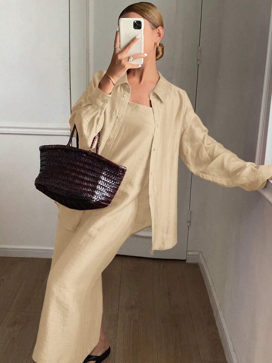 Livesso 2 件女士休闲宽松纯色长袖衬衫和直下摆吊带裙套装，秋季街头风格 - 杏色 - 查看 1