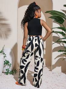 SHEIN 青少年女孩纯色针织无袖上衣和梭织宽松长裤度假两件套 - 黑色 - 查看 2