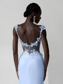 Elitara 优雅奢华刺绣蕾丝贴花弹力针织美人鱼鱼尾裙，带可拆卸裙裾，适合婚礼、单身派对、蜜月、舞会、新娘 - 淺藍色 - 查看 5