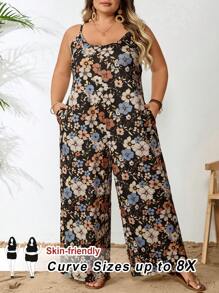 SHEIN CURVE+ 大码女式印花连体裤，适合夏季穿着，带口袋连体裤，曲线加大，波西米亚风女士度假海滩装/沙滩裙/海滩度假装/海滩必备品/毕业/茶会礼服夏季/乡村/海滩度假装/海滩装/海滩装 - 彩色 - 查看 10