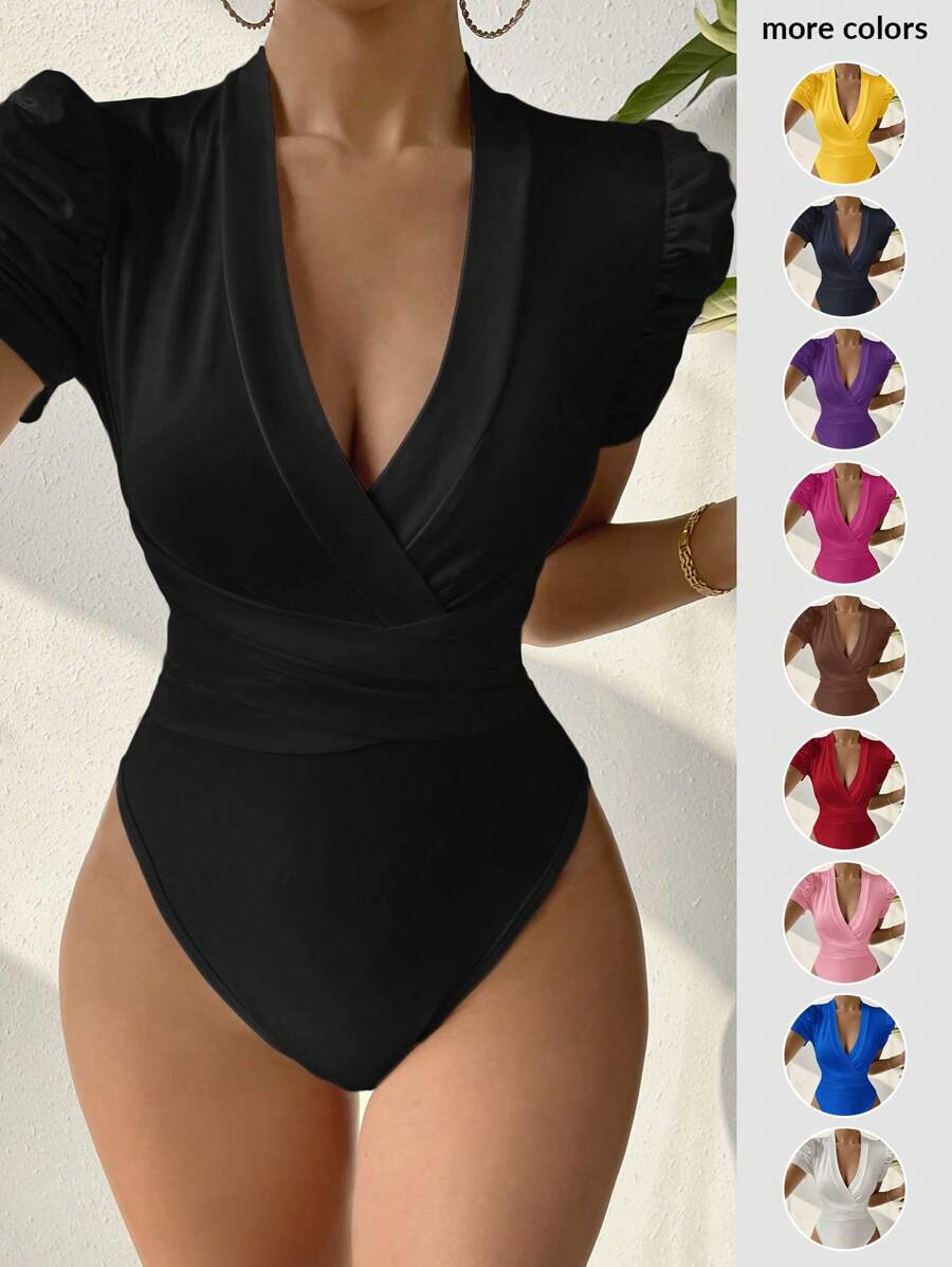 SHEIN SXY Body unicolor de cuello profundo de manga farol - Negro - Ver 1