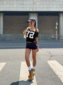 Jouncy 女式数字印花露肩短袖休闲T恤，夏季 - 黑色 - 查看 4