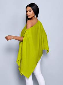 SOLERSUN 女士单肩披肩袖不对称下摆亚麻衬衫 - 綠色 - 查看 2