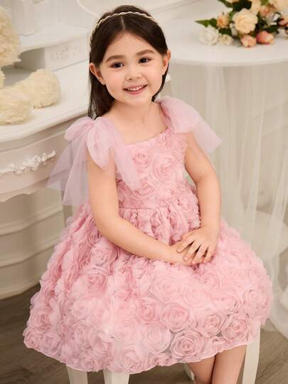 Glamorique Kids Cute And Elegant Girls' Full-Body Three-Dimensional Rose Bowknot Shoulder Strap Christmas Party Dress Dress