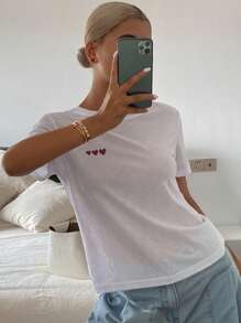 DAZY 女士心形印花宽松休闲短袖上衣/T恤，夏季 - 白色 - 查看 5