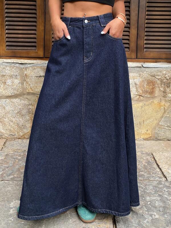 DAZY Western Cowgirl Vintage Wash Contrast Color Loose Flared A-Line Skirt With Pockets, Casual Women Denim Skirt For Summer