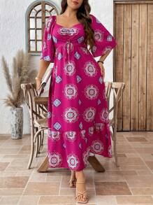 SHEIN LUNE Vestito da vacanza estivo con stampa all-over e orlo con volant, adatto anche per laurea, per taglie comode