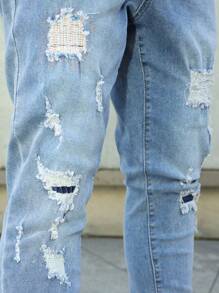 Manfinity LEGND 大码男式破洞口袋休闲紧身牛仔裤 - 淺色水洗藍 - 查看 7