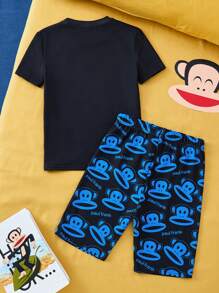 Paul Frank X SHEIN 青少年男孩卡通蓝色图案黑色休闲短袖 T 恤和短裤运动服套装 - 彩色 - 查看 2