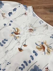 SHEIN Tall Women Floral Print Contrast Color Lace Puff Sleeve Shirt Blouse, Casual Top For Summer