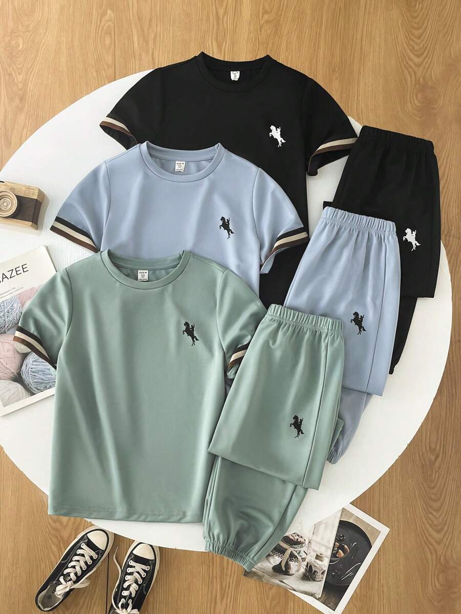 6Pcs/Set Tween Boy Clothing: Oversized Crew Neck T-Shirt With Striped Tape & Jogger Pants, Suitable For Commuting, School, Casual, Sports, Autumn/Winter - Mint Green - View 1