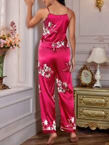 LuxeNights 女士花卉印花吊带背心和裤子睡衣套装、家居服 - 玫紅色 - 查看 2