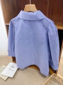 DAZY Women's Turn-Down Collar Striped Half Sleeve Lantern Sleeve Loose Blouse, Spring/Summer/Autumn