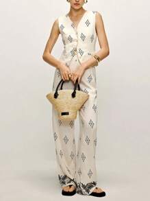 SHEIN Frenchy Conjunto informal de 2 piezas de estampado integral compuesto por top sin mangas y pantalones para vacaciones y estilo bohemio, atuendo de verano y para la playa para mujer