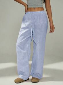 SHEIN PETITE Pantalones casuales de rayas rosa y blanco para el hogar, adecuados para primavera y verano, para damas de estatura baja