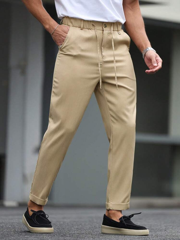 Manfinity Homme Men's Solid Color Pleated Waist Tie Tapered Casual Pants - Khaki - View 4