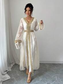 Rafferiza Vestido para mujer con cuello en V, manga larga, paneles de encaje floral dorado - Albaricoque - Ver 3