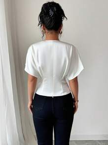 Elenzga 女士优雅缎面领开衩腰褶落肩短袖衬衫，适合工作、休闲、旅行、下午茶和派对