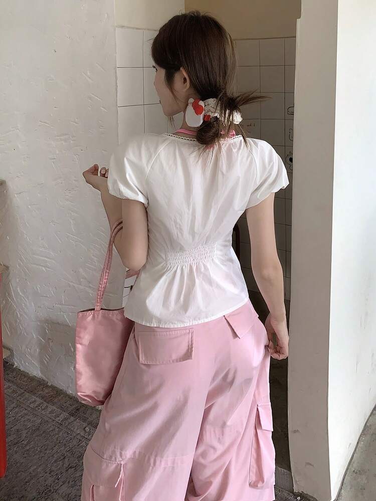 Women's V-Neck Casual Solid Color Short Sleeve Blouse, Summer Babydoll Top