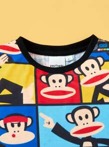 Paul Frank X SHEIN Camiseta de manga corta de verano fresca con estampado de mono de dibujos animados colorido por todas partes para niños pequeños