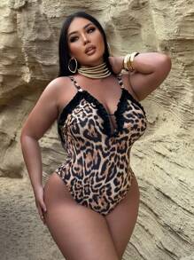 Swim SXY 大码豹纹肩带连体泳衣，夏季时尚 - 彩色 - 查看 5