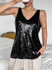 DAZY Shiny Sequin Lightweight Women's Pajama Top,New Year - Black - View 5