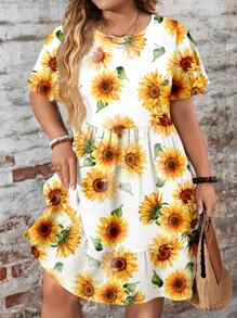 EMERY ROSE Casual Simple Sunflower Print Bright Yellow Loose Fit Round Neck Short Sleeve Plus Size Dress, Suitable For Spring/Summer Vacation Chic Dress - Multicolor - View 1