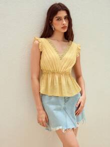 MOTF STUDIO CONTRAST LACE PEPLUM TOP - Yellow - View 4