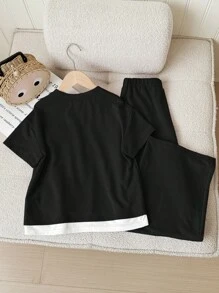 SHEIN Tween Girls Casual Knit Crew Neck Short Sleeve Top And Straight Leg Pants 2-Piece Set