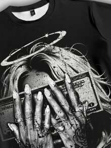 Manfinity ZONE917 Plus Size Street Vintage Money Angel Face Print Dry Branch Camouflage T-Shirt & Shorts Set - Multicolor - View 2