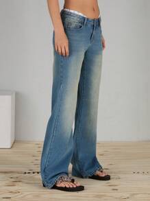 COUREZ 低腰宽松喇叭牛仔裤，做旧水洗效果 /Y2K/休闲/棉质/女士夏季穿搭 棉质 复古 - 藍色 - 查看 4