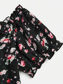 Sweetra Plus Size Fransk Retro Snygg Blommig Klänning med En Axelringning - Svart - Visa 4