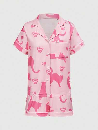 Kawaii طقم بيجامة كاجوال من قطعتين قميص ذو ياقة وشورت مطبوع عليه صور قطط جميلة للنساء، صيفي