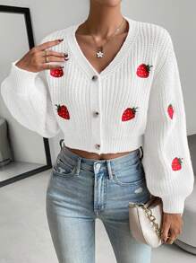 Chiquease Strawberry Applique Front Button V-Neck Casual Long Sleeve Cardigan Fall Winter Cloth For Women - White - View 3
