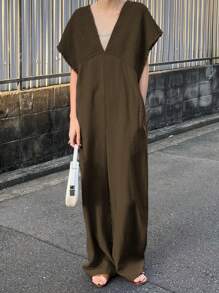 FRIFUL 女式V领连体裤，夏季服装 - 橄欖綠 - 查看 3