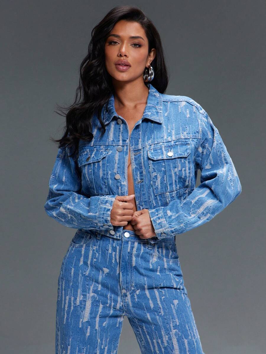 Denimoi Jaqueta jeans feminina casual desgastada e curta - Lavagem leve - Ver 1