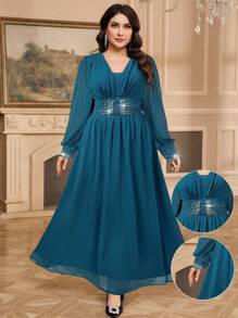 Modelyn Plus Size Women Rhinestone Decor Ruched Lantern Sleeve Elegant Dress
