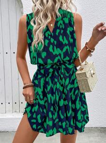 EMERY ROSE 女式豹纹斜领扭腰无袖中长连衣裙 - 綠色 - 查看 5