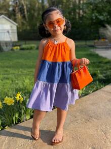 Váy chữ A buộc cổ màu sắc thời trang đường phố giản dị cho bé gái tuổi teen, phù hợp cho kỳ nghỉ, bãi biển và bờ biển - Nhiều màu - Xem 4