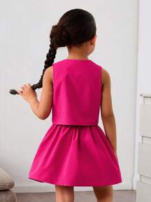 SHEIN 2pcs Woven Solid Top & Skirt Set For Young Girls - Hot Pink - View 2