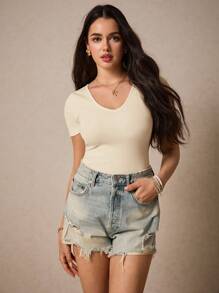 Poéselle Solid Backless Short Sleeve Tee, Effortless Chic Essential, Summer Top, Bottoming T-Shirt, Casual Chic Style For All Occasions