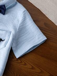 2pcs Young Boys Casual Suits: Embroidered Light Blue Short Sleeve Shirt And Khaki Suspender Shorts With Bow Tie, Fashion Gentleman Style Suitable For Daily Wear, Festivals, Birthday Parties, Weddings, And Spring/Summer Occasions Like Mother's Day, Family Matching Outfits