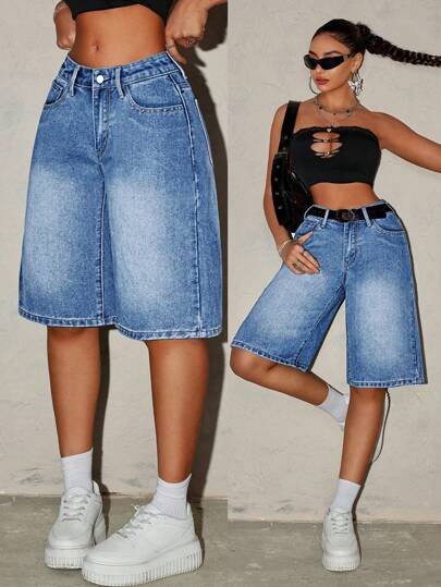 SHEIN Tall Women's Casual Washed Low Waist Wide Leg Denim Shorts