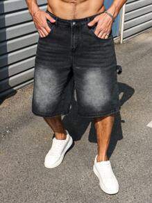 Manfinity Homme 男士口袋宽松休闲百搭牛仔短裤 - 黑色 - 查看 5